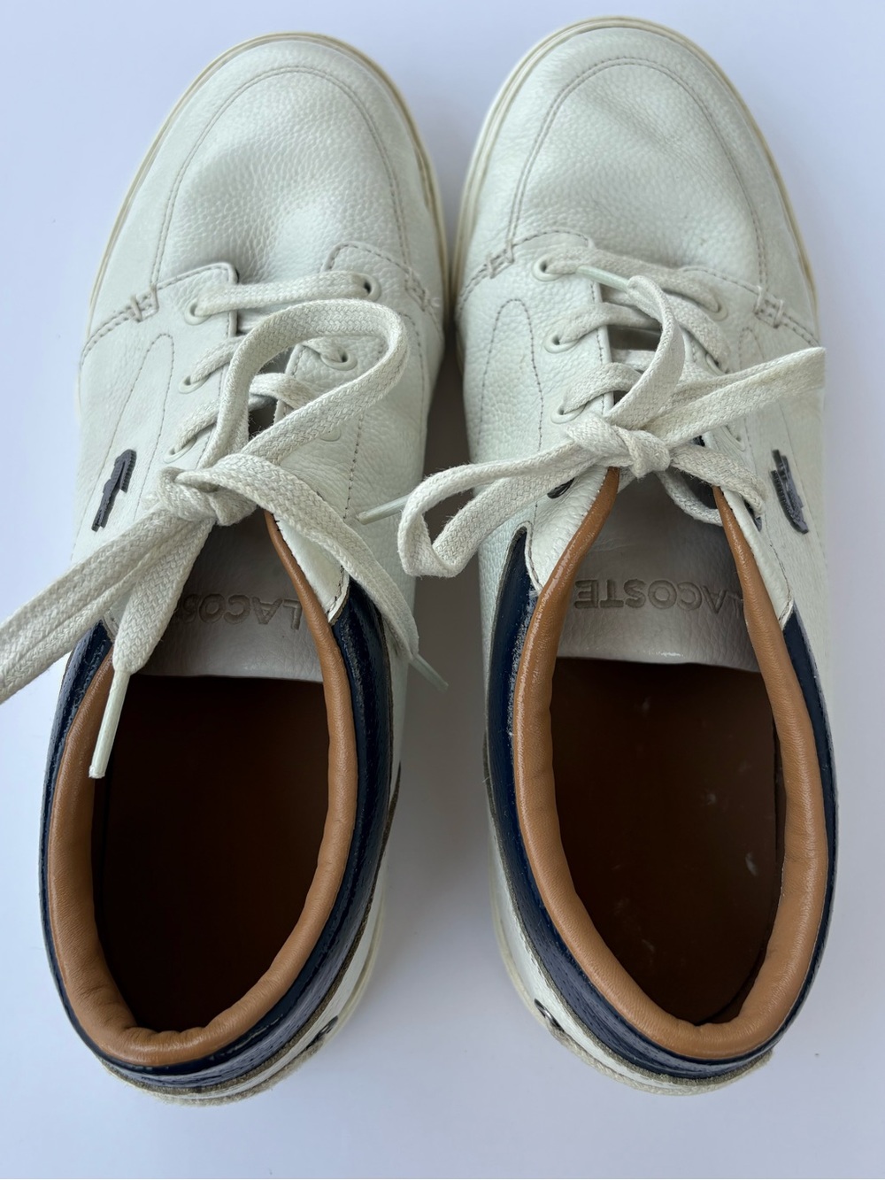 Lacoste White Leather Sneakers with Navy and Tan Accents